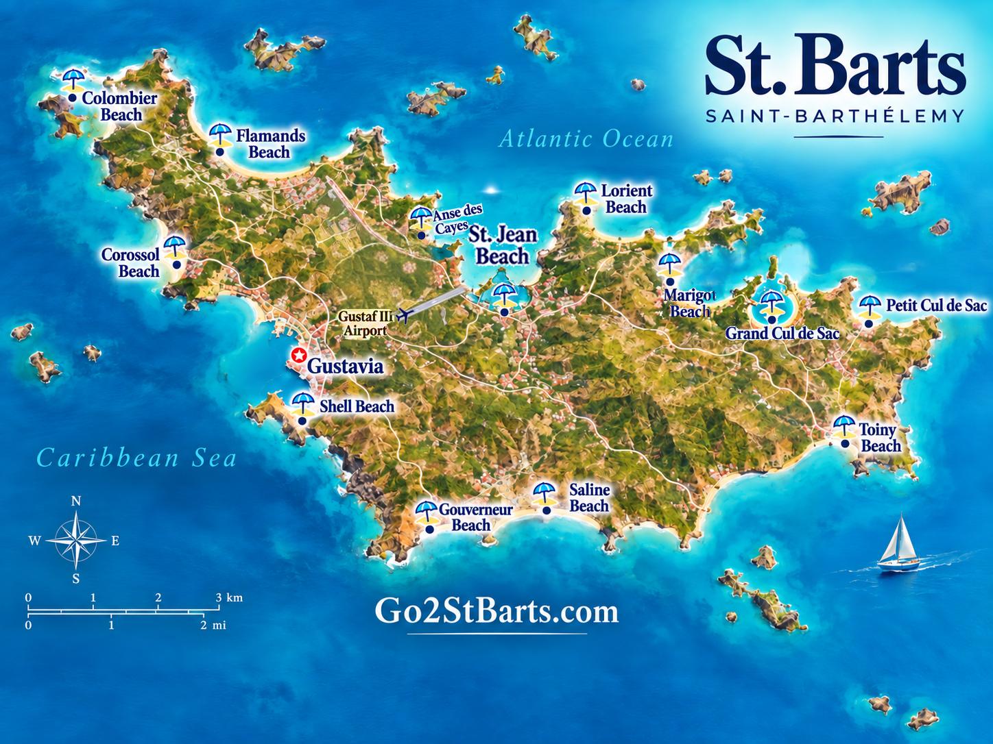 Illustrated map of St. Barts showing beach areas and island locations